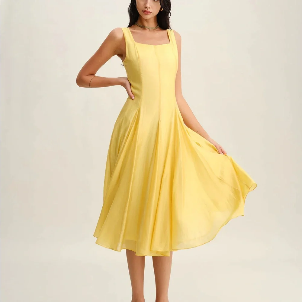 Yellow Square Neck Pleated Slip Midi Dress - Picture 3 of 7